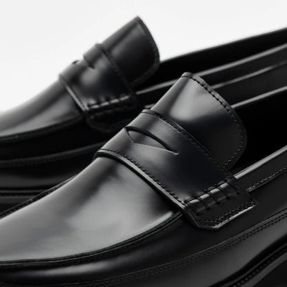 Adler Black Leather Lug Penny Loafers