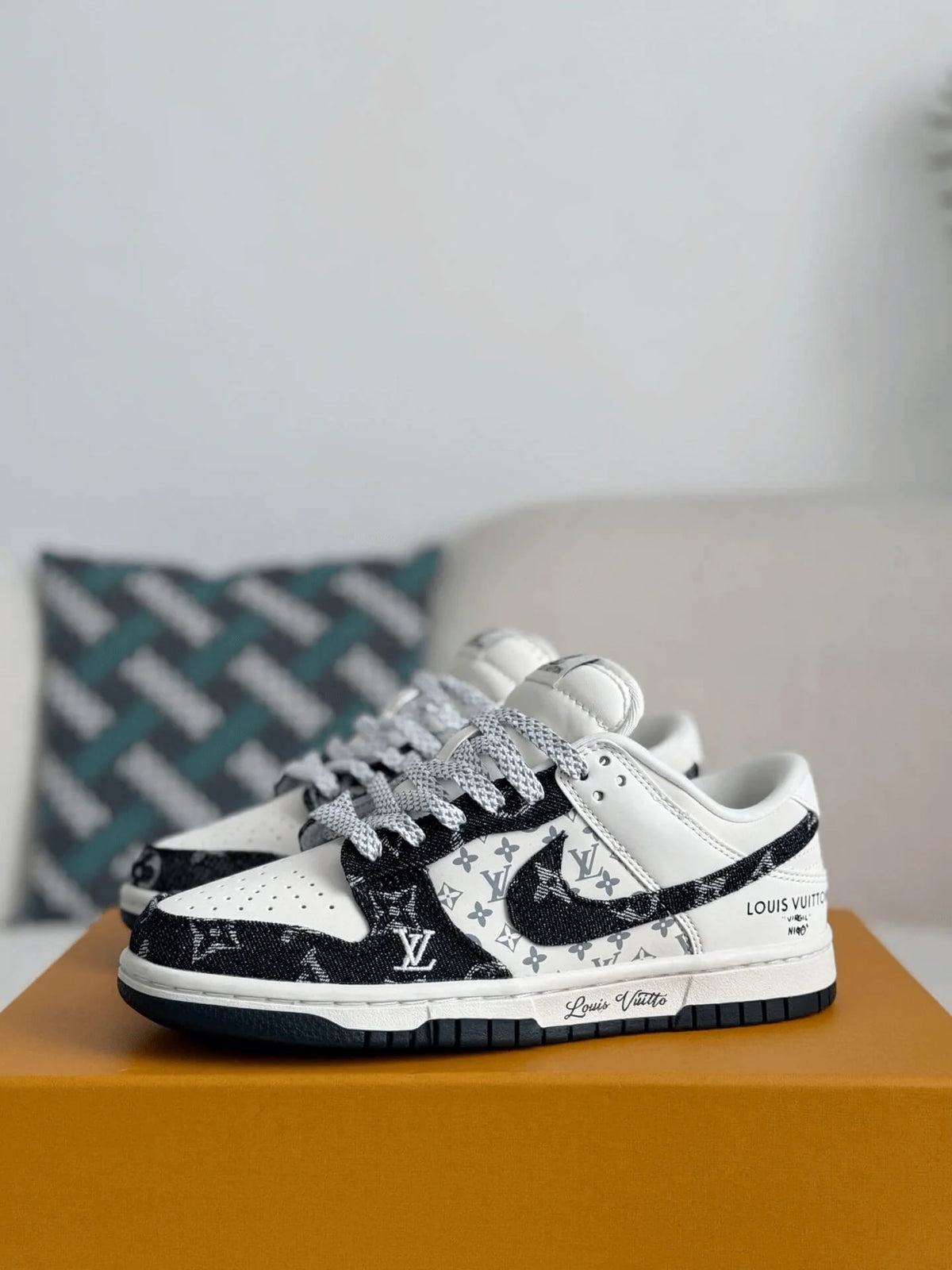 LV x Nike SB Dunk Low White Black Denim Monogram Sneaker