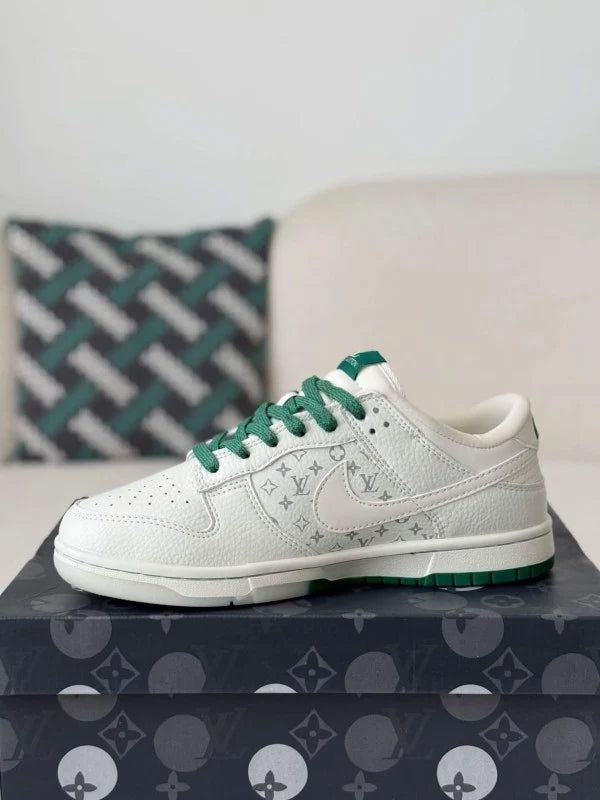 LV x Nike Dunk Low Sneaker in White and Green Monogram Canvas
