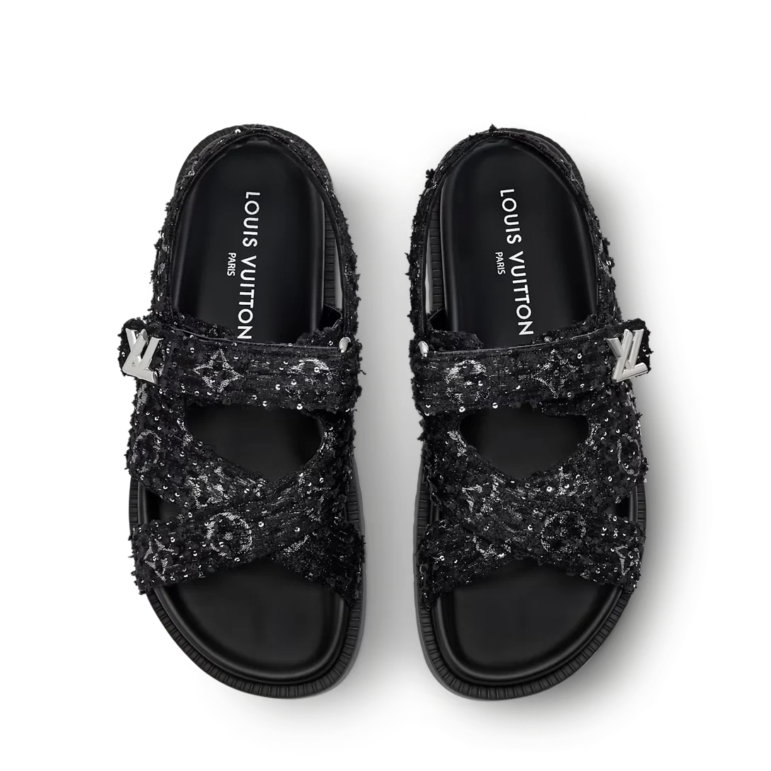 LV Sunset Flat Comfort Sandal Black Tweed Fabric