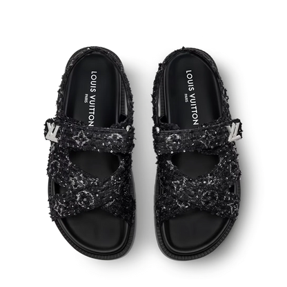 LV Sunset Flat Comfort Sandal Black Tweed Fabric