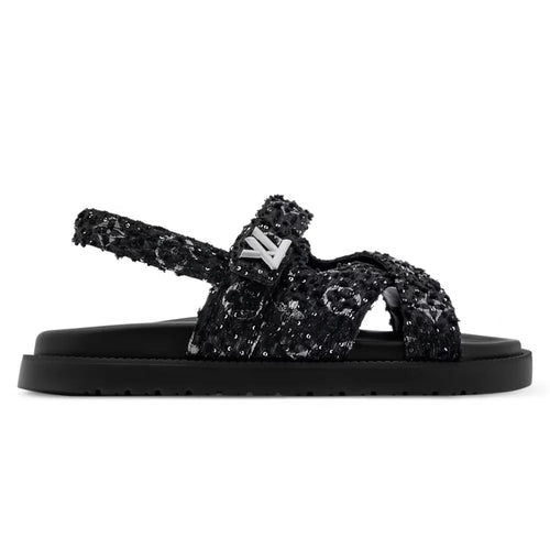 LV Sunset Flat Comfort Sandal Black Tweed Fabric