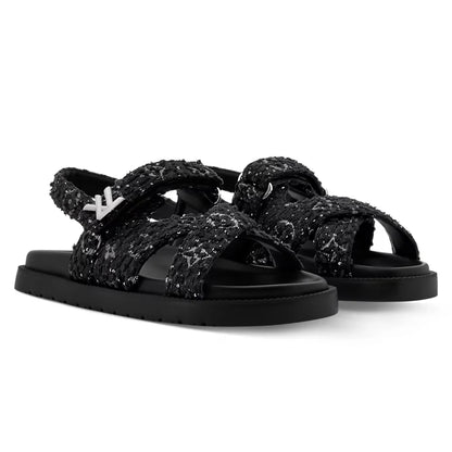 LV Sunset Flat Comfort Sandal Black Tweed Fabric